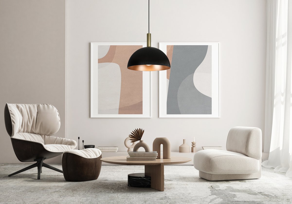 mock up poster frame in modern interior background, living room, Scandinavian style, 3D render, 3D illustration Pakabinamas šviestuvas LANTA PND-23906-1-BK-GD - Image 2