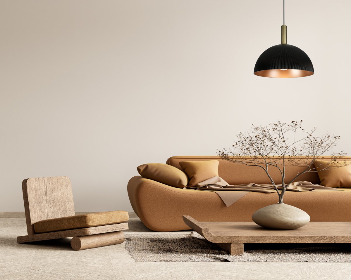 Boho style decorated livinig room. Modern authentic Interior design of living room with wooden furnitures. 3D illustration Pakabinamas šviestuvas LANTA PND-23906-1-BK-GD - Image 3