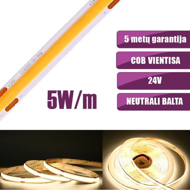cob-vientisa-neutrali-balta-4000k-5w-m-24v-nehermetiska-led-juosta-320led-m-ip20-cri90 LED juosta 24Vdc, 5W/m, COB 320LED/m, 560lm/m, 4000K - Image 1