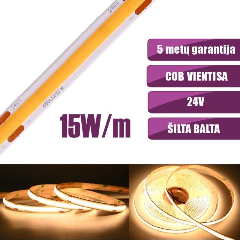 cob-vientisa-silta-balta-3000k-15w-m-24v-nehermetiska-led-juosta-480led-m-ip20-cri90 LED juosta 24Vdc, 15W/m, COB 480LED/m, 2000lm/m, 3000K - Image 1