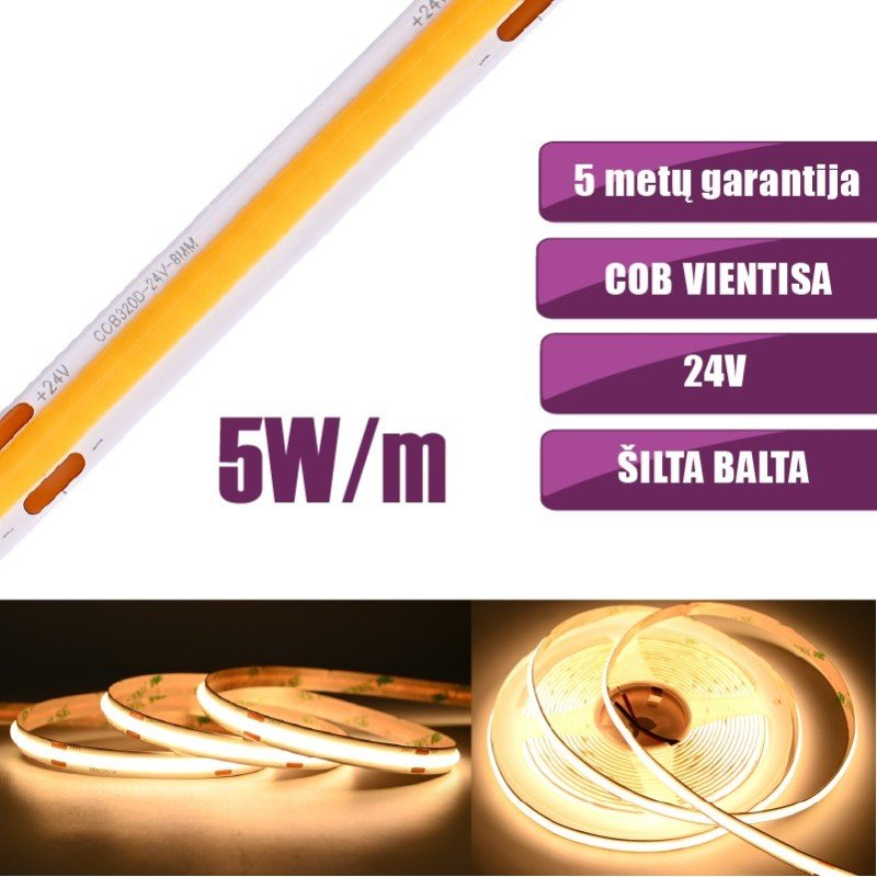 cob-vientisa-silta-balta-3000k-5w-m-24v-nehermetiska-led-juosta-320led-m-ip20-cri90 LED juosta 24Vdc, 5W/m, COB 320LED/m, 500lm/m, 3000K - Image 1